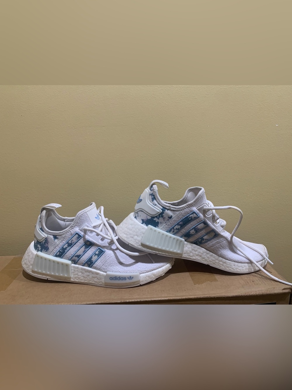adidas Women’s NMD R1 Sneakers in White and Light Blue Tie-Dye